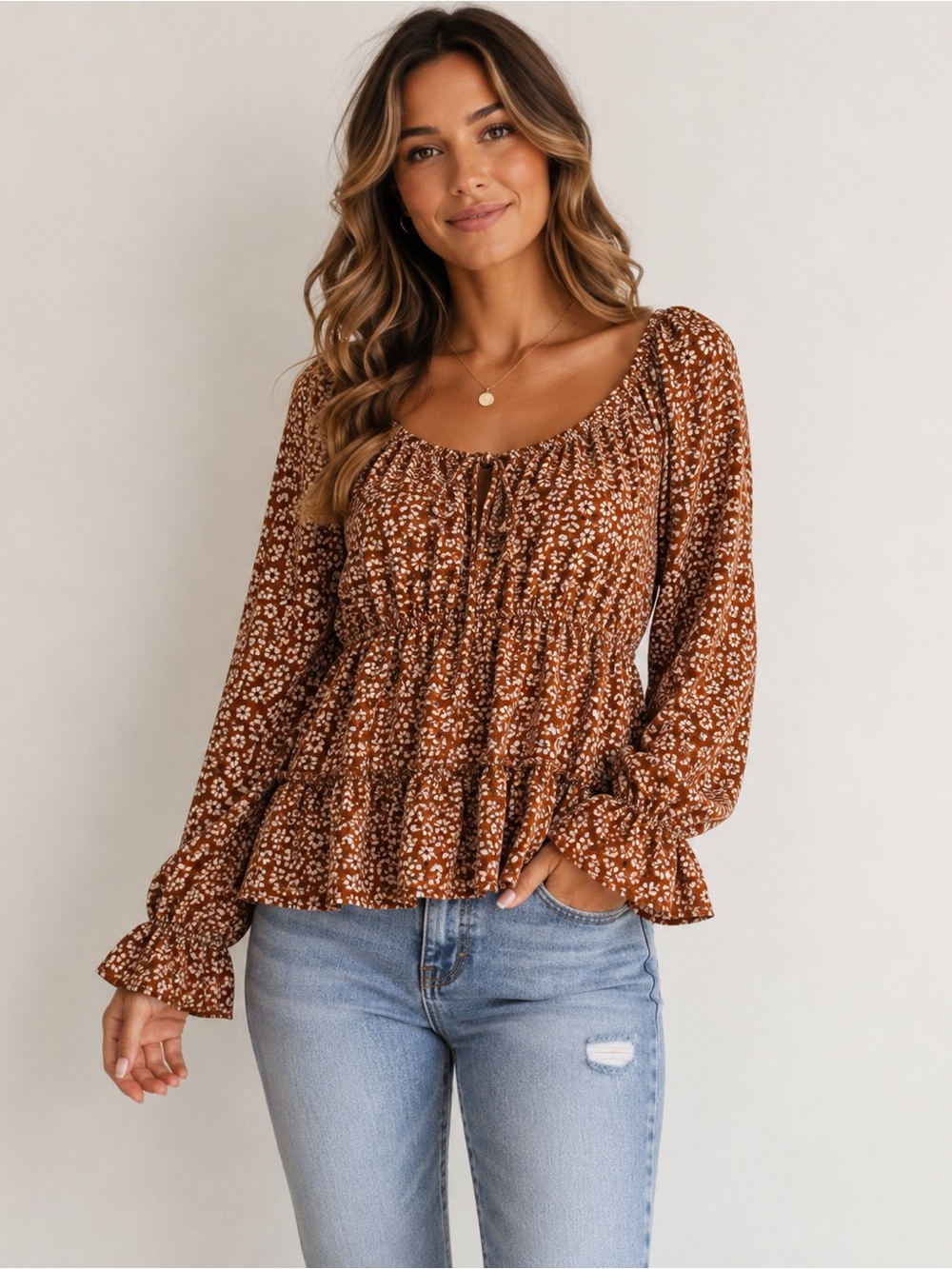 FSL Apparel Women’s Brown white Floral Peasant Blouse Casual Ruffle Top Large